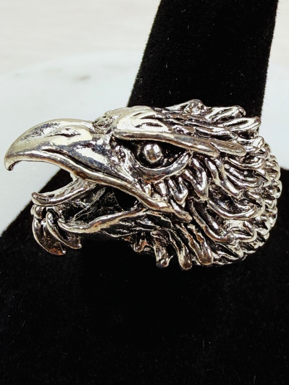 Interesting Silvertone raised eagle or dragon costume ring